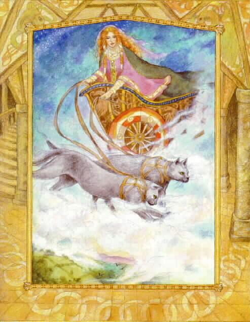 Freja i sin vogn, der ifølge den nordiske mytologi blev trukket af to katte.